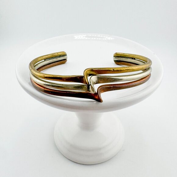 Vintage Tri Tone Mixed Metal Zigzag Cuff Bracelet Modernist Copper Brass - Picture 5 of 9